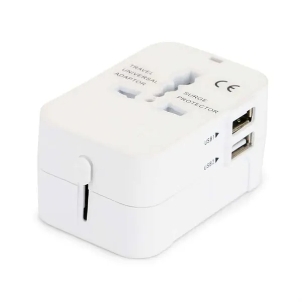 Dual USB A port universal travel adapter plus 1 color silkscreen... from ASI 37218 Athena Promo (tm)