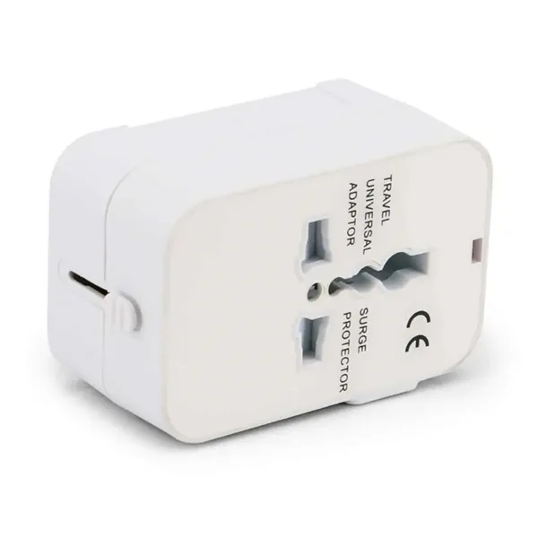 Dual USB A port universal travel adapter plus 1 color silkscreen... from ASI 37218 Athena Promo (tm)