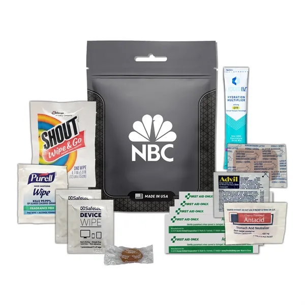 Tradeshow survival kit with a hydration drink mix, wipes, bandages, Advil,... from ASI 84514 Safety Made