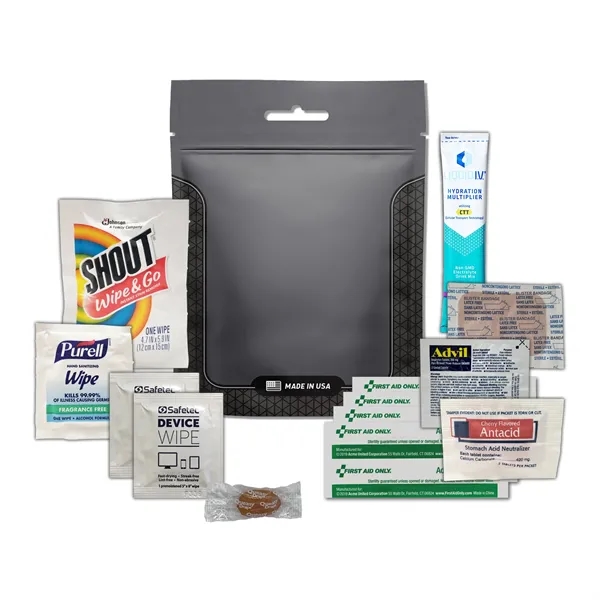 Tradeshow survival kit with a hydration drink mix, wipes, bandages, Advil,... from ASI 84514 Safety Made