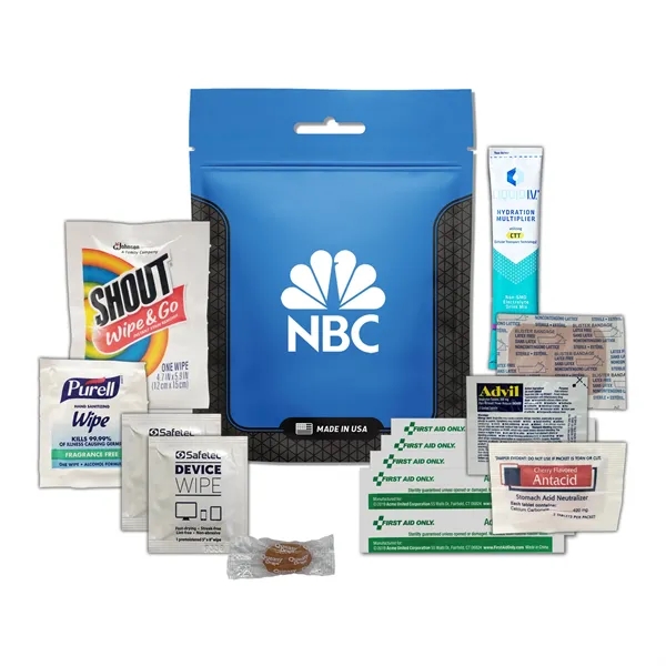 Tradeshow survival kit with a hydration drink mix, wipes, bandages, Advil,... from ASI 84514 Safety Made