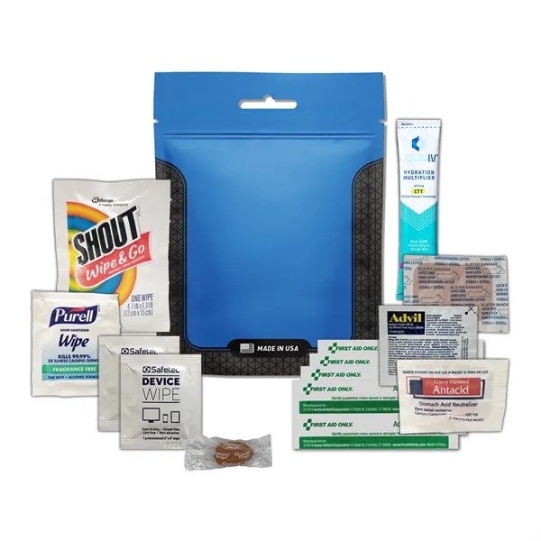 Tradeshow survival kit with a hydration drink mix, wipes, bandages, Advil,... from ASI 84514 Safety Made