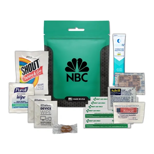Tradeshow survival kit with a hydration drink mix, wipes, bandages, Advil,... from ASI 84514 Safety Made