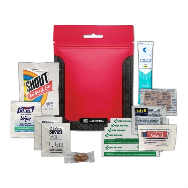 Tradeshow survival kit with a hydration drink mix, wipes, bandages, Advil,... from ASI 84514 Safety Made