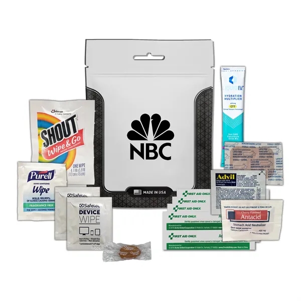 Tradeshow survival kit with a hydration drink mix, wipes, bandages, Advil,... from ASI 84514 Safety Made