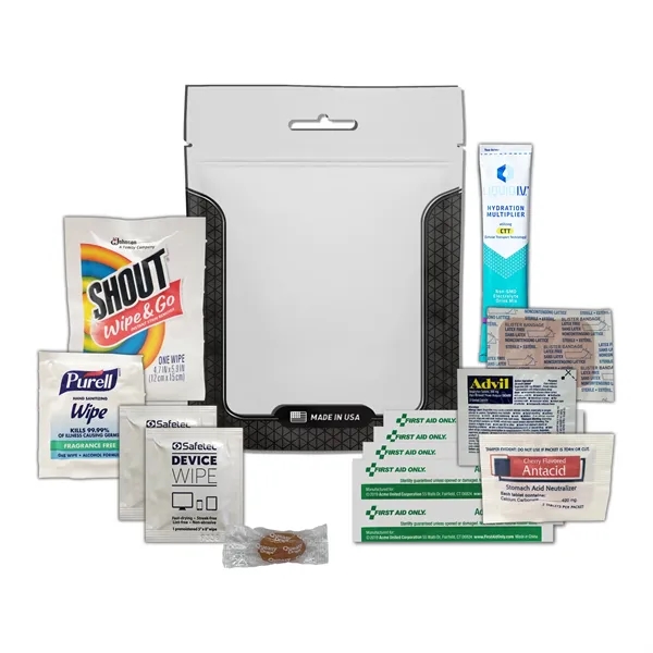 Tradeshow survival kit with a hydration drink mix, wipes, bandages, Advil,... from ASI 84514 Safety Made