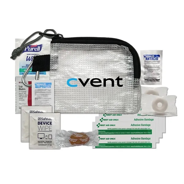 Tradeshow kit with a mesh bag, queasy drops, mints, wipes, bandages,... from ASI 84514 Safety Made