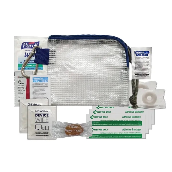 Tradeshow kit with a mesh bag, queasy drops, mints, wipes, bandages,... from ASI 84514 Safety Made