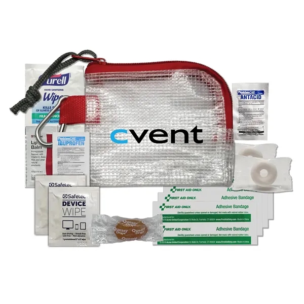 Tradeshow kit with a mesh bag, queasy drops, mints, wipes, bandages,... from ASI 84514 Safety Made