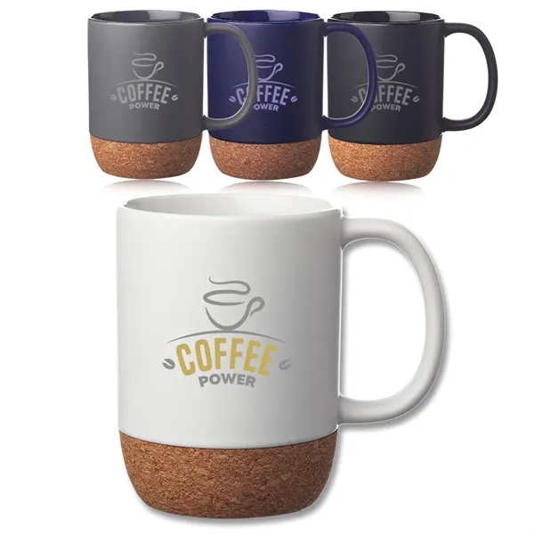 15 oz. ceramic mugs with a matte finish and cork wrap... from ASI 39552 BEL Promo