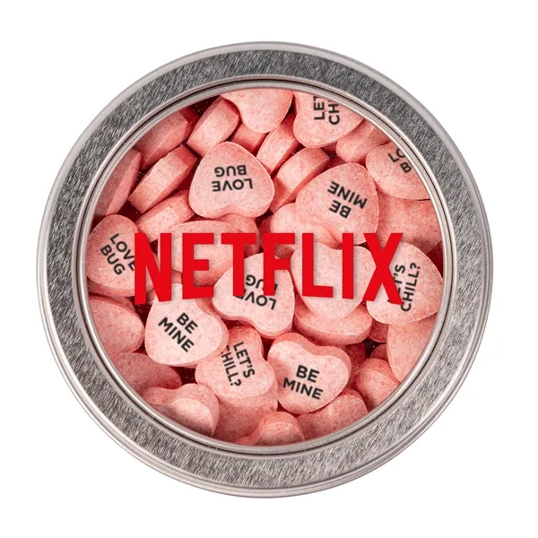 Small top view tin - imprinted conversation hearts.... from ASI 44900 NC Custom (CI/Lanco)