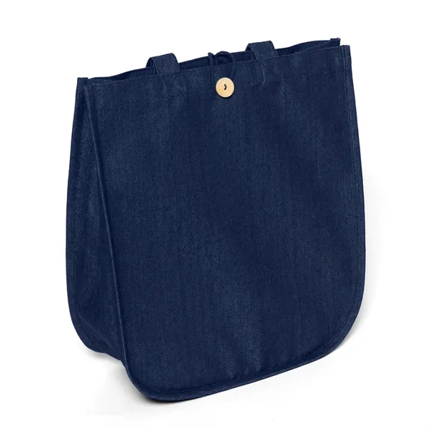 The Dan Denim Tote features a curved bottom, wooden button closure,... from ASI 37940 Bag Makers Inc