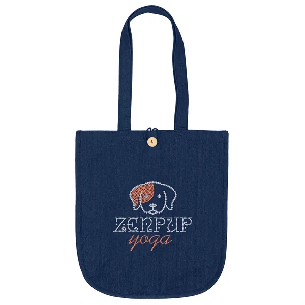 The Dan Denim Tote features a curved bottom, wooden button closure,... from ASI 37940 Bag Makers Inc