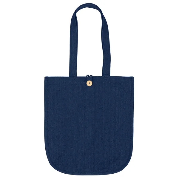 The Dan Denim Tote features a curved bottom, wooden button closure,... from ASI 37940 Bag Makers Inc