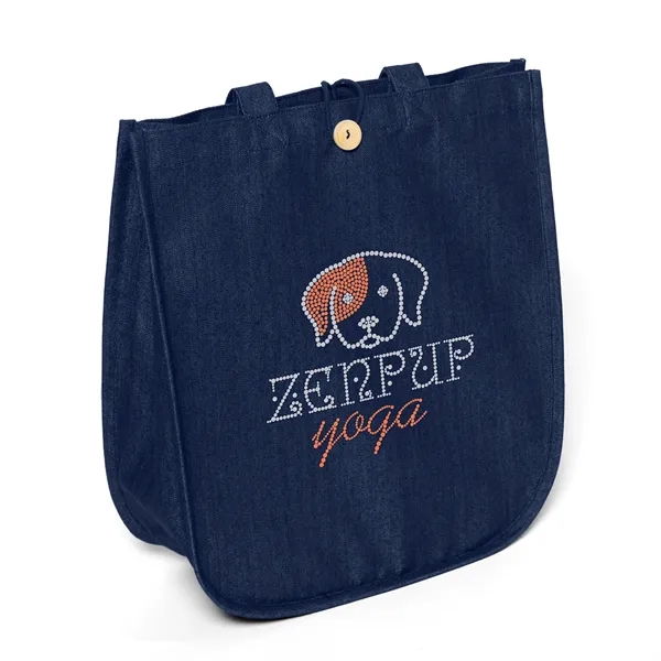 The Dan Denim Tote features a curved bottom, wooden button closure,... from ASI 37940 Bag Makers Inc