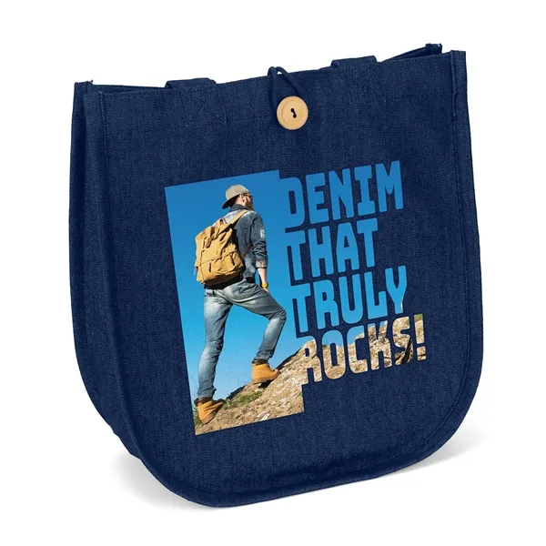 The MB Denim Tote features a curved bottom, wooden button closure,... from ASI 37940 Bag Makers Inc