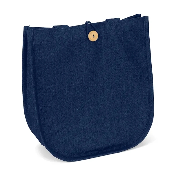 The MB Denim Tote features a curved bottom, wooden button closure,... from ASI 37940 Bag Makers Inc