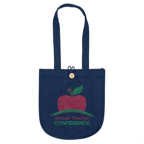 The MB™  Denim Tote features a curved bottom, wooden button... from ASI 37940 Bag Makers Inc