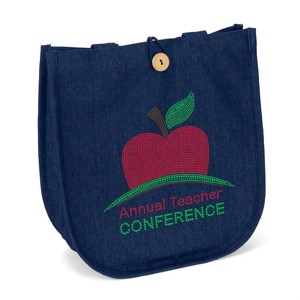 The MB™  Denim Tote features a curved bottom, wooden button... from ASI 37940 Bag Makers Inc