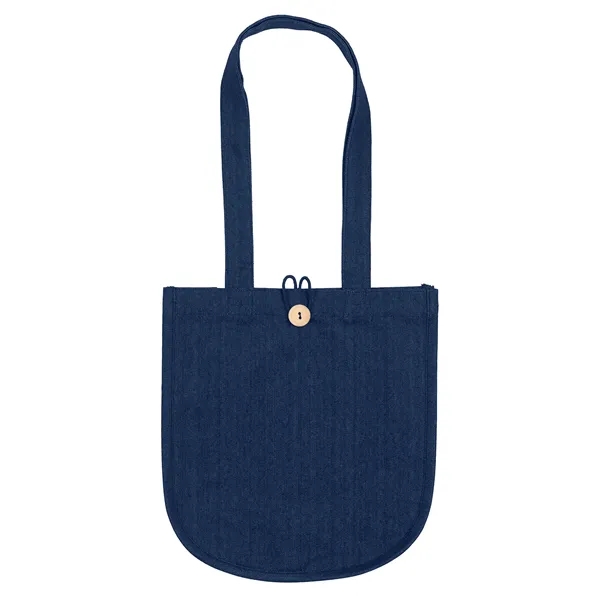The MB™  Denim Tote features a curved bottom, wooden button... from ASI 37940 Bag Makers Inc