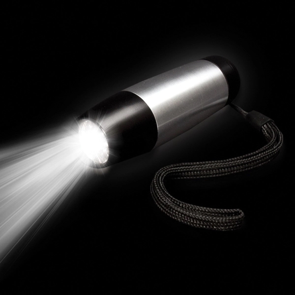 4" tapered metallic LED flashlight with black wrist cord.... from ASI 42016 Brighter Promotions Inc / Chemical Light™