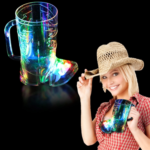16 oz. clear plastic cowboy boot shaped drinking glass with built-in... from ASI 42016 Brighter Promotions Inc / Chemical Light™ Liquid Light