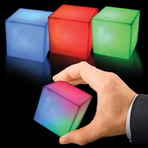 2 3/4" plastic LED color morphing cube with five sided imprint.... from ASI 42016 Brighter Promotions Inc / Chemical Light™