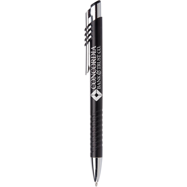Plunger action ballpoint pen with sleek metallic barrel, futuristic accents, grooved... from ASI 61966 HPG / Hub Pen