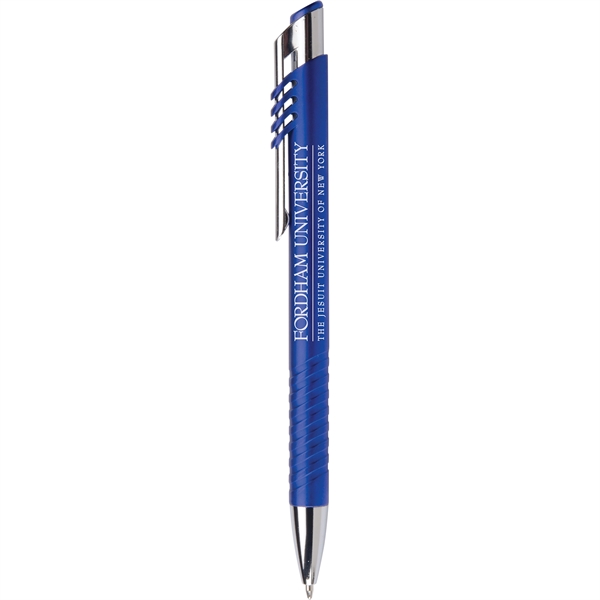 Plunger action ballpoint pen with sleek metallic barrel, futuristic accents, grooved... from ASI 61966 HPG / Hub Pen