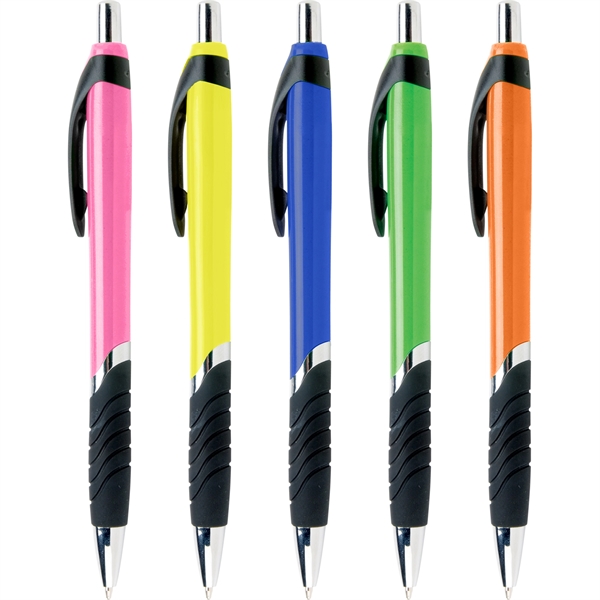 The Calypso plastic ballpoint pen features a chrome band design, contrasting... from ASI 61966 HPG / Hub Pen