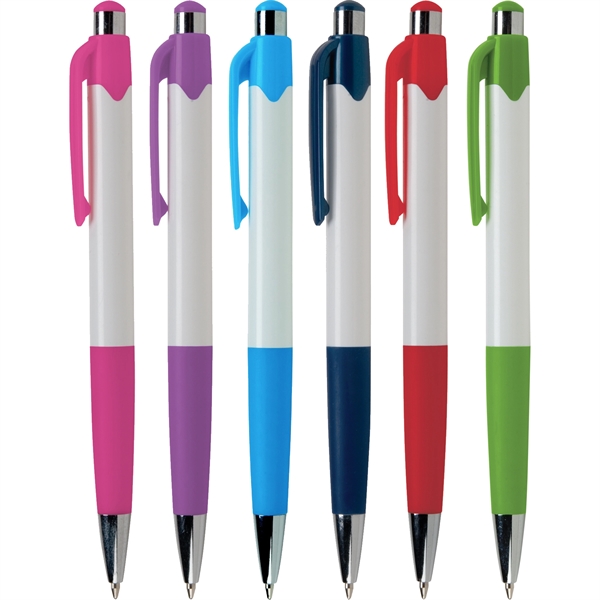 Mardi Gras Jubilee features Crisp White Barrels with six fun trim... from ASI 61966 HPG / Hub Pen