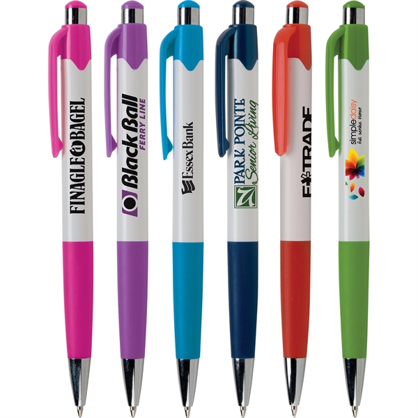 Mardi Gras Jubilee features Crisp White Barrels with six fun trim... from ASI 61966 HPG / Hub Pen