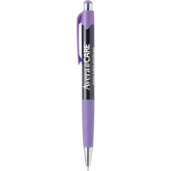 Glossy black ballpoint pen with vibrant colored trim and rubber grip.... from ASI 61966 HPG / Hub Pen
