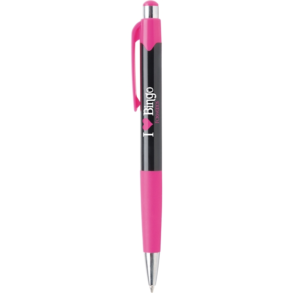 Glossy black ballpoint pen with vibrant colored trim and rubber grip.... from ASI 61966 HPG / Hub Pen