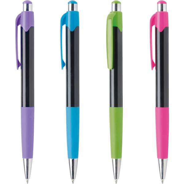 Glossy black ballpoint pen with vibrant colored trim and rubber grip.... from ASI 61966 HPG / Hub Pen