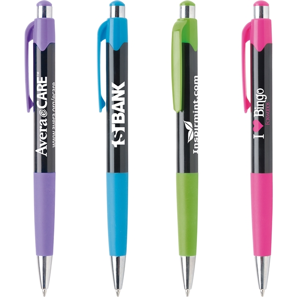 Glossy black ballpoint pen with vibrant colored trim and rubber grip.... from ASI 61966 HPG / Hub Pen