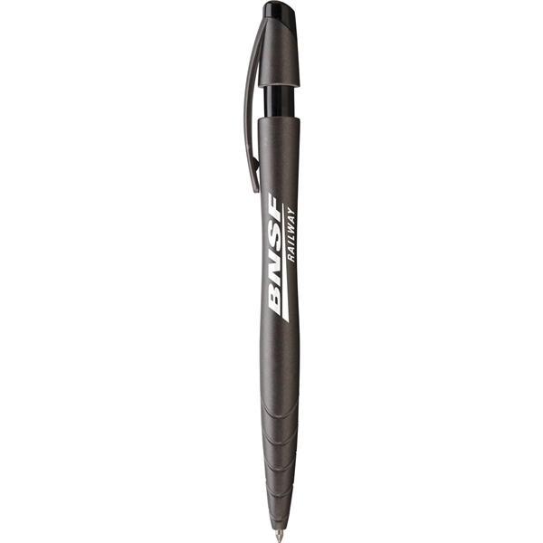 Retractable ballpoint pen with shimmering metallic barrel, notched plunger, black trim,... from ASI 61966 HPG / Hub Pen