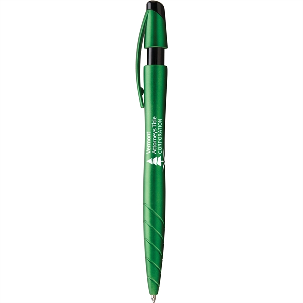 Retractable ballpoint pen with shimmering metallic barrel, notched plunger, black trim,... from ASI 61966 HPG / Hub Pen