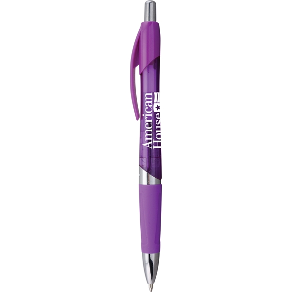 Brightly colored plastic ballpoint pen with click-action mechanism, bold silver trim,... from ASI 61966 HPG / Hub Pen