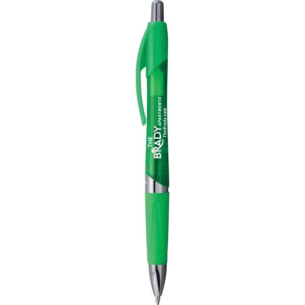 Brightly colored plastic ballpoint pen with click-action mechanism, bold silver trim,... from ASI 61966 HPG / Hub Pen