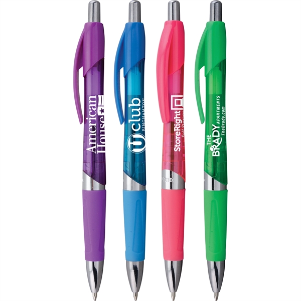 Brightly colored plastic ballpoint pen with click-action mechanism, bold silver trim,... from ASI 61966 HPG / Hub Pen