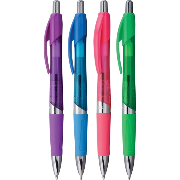 Brightly colored plastic ballpoint pen with click-action mechanism, bold silver trim,... from ASI 61966 HPG / Hub Pen