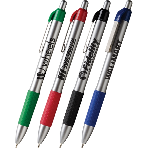 Click-action retractable ballpoint pen with basket weave textured rubber grip and... from ASI 61966 HPG / Hub Pen
