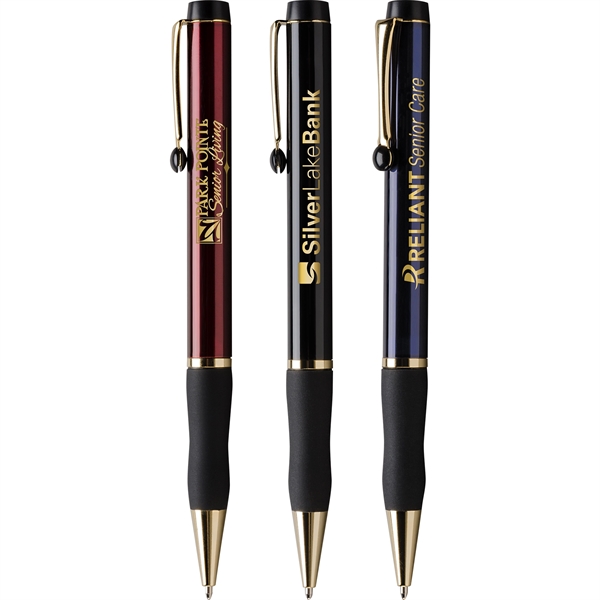 Twist-action ballpoint pen with rubber grip, black ink, and 24 karat... from ASI 61966 HPG / Hub Pen