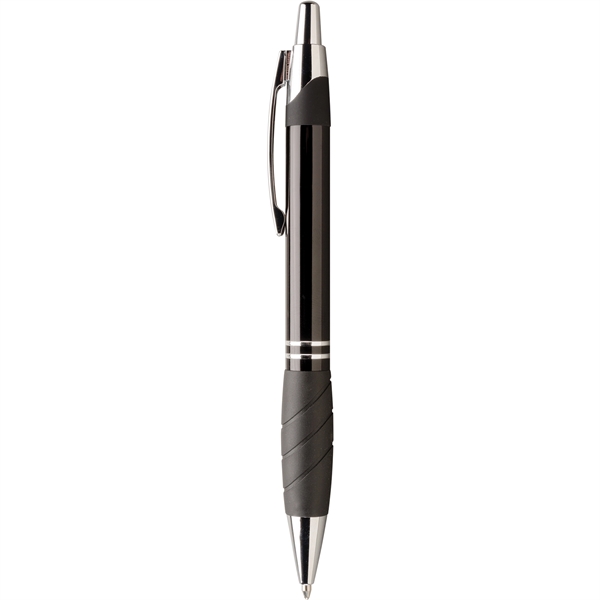 Click-action metal ballpoint pen with chrome accents and black rubber grip... from ASI 61966 HPG / Hub Pen