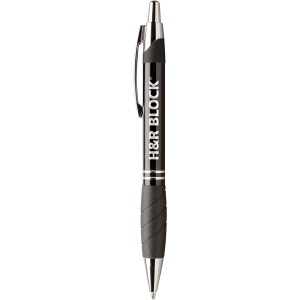 Click-action metal ballpoint pen with chrome accents and black rubber grip... from ASI 61966 HPG / Hub Pen