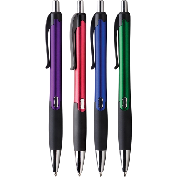 Ergonomically shaped click-action pen with black grip, black ink, shimmering metallic... from ASI 61966 HPG / Hub Pen