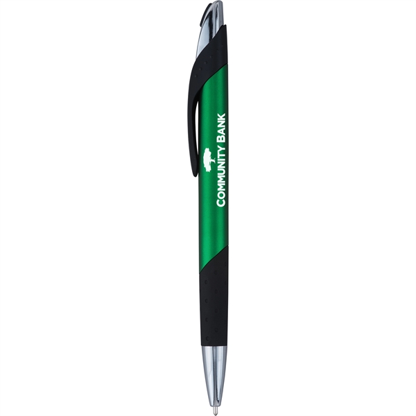 Click-action ballpoint pen with shimmering metallic barrel, contemporary accents, dimpled black... from ASI 61966 HPG / Hub Pen