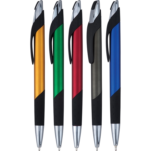 Click-action ballpoint pen with shimmering metallic barrel, contemporary accents, dimpled black... from ASI 61966 HPG / Hub Pen
