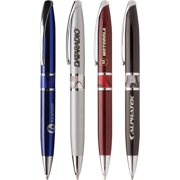 Twist-action retractable metal ballpoint pen with silver clips and accents, filled... from ASI 61966 HPG / Hub Pen